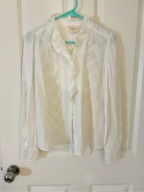 Sezane Chloe White Ruffled Lace-Trim Blouse